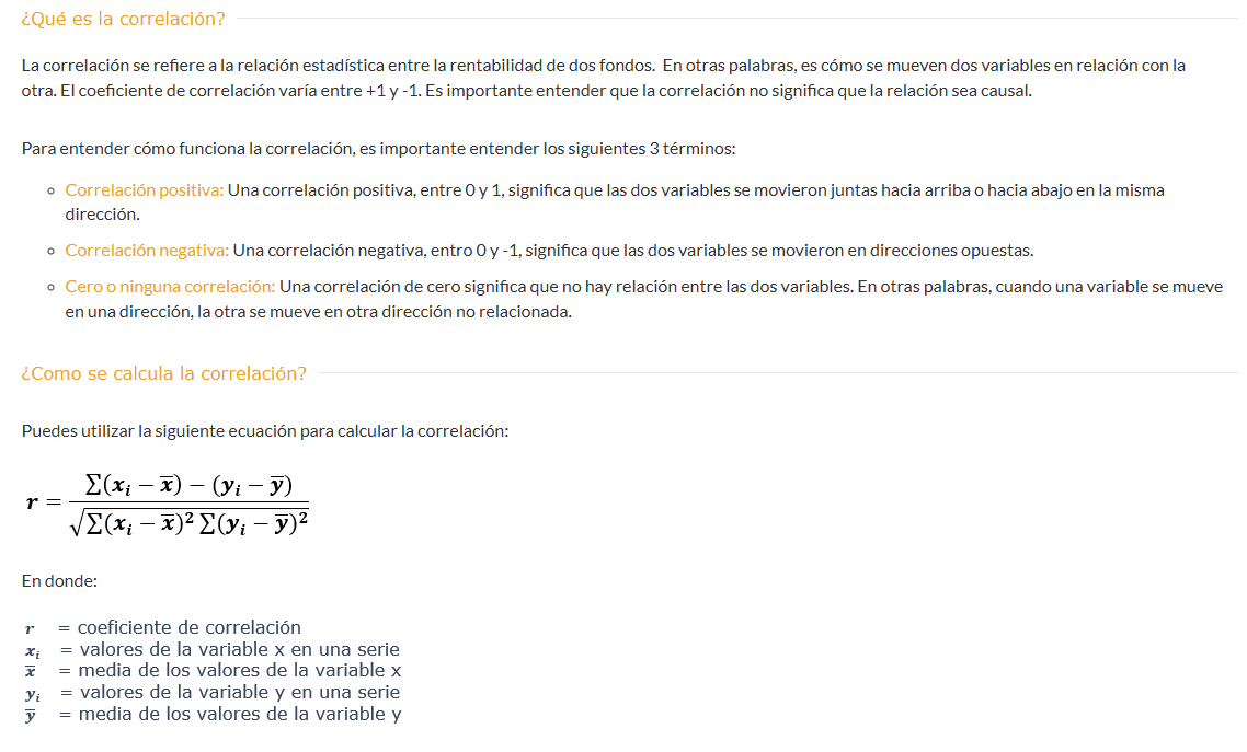 Fórmula de correlación con definiciones de variables